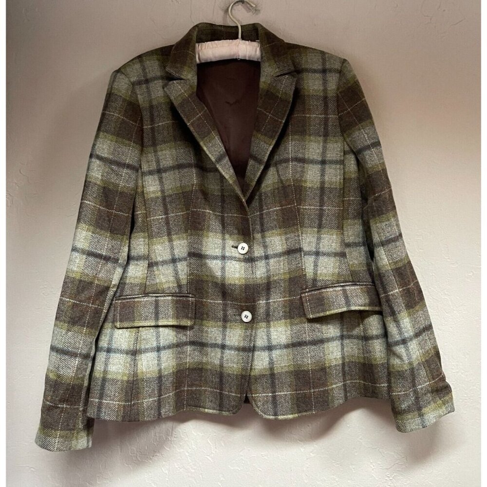 Robert Talbott Womens Size 14 Pure New Wool Plaid Blazer Jacket Two-Button Italy